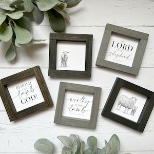 EASTER Bible Verse Collection Wood Framed Signs | Worthy is the LAMB | Behold the Lamb of God | The Lord is My Shepherd | Vintage Lamb Sheep