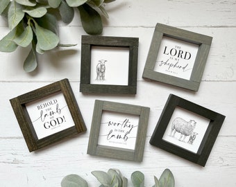 EASTER Bible Verse Collection Wood Framed Signs | Worthy is the LAMB | Behold the Lamb of God | The Lord is My Shepherd | Vintage Lamb Sheep