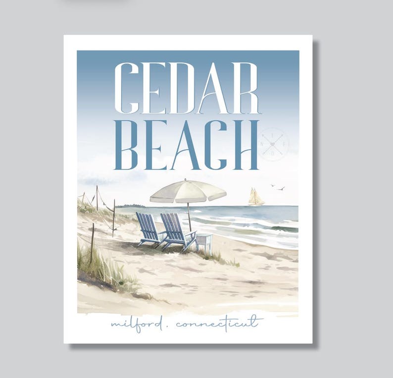CEDAR BEACH Scene Blue Watercolor Art Milford, Connecticut Beach Home