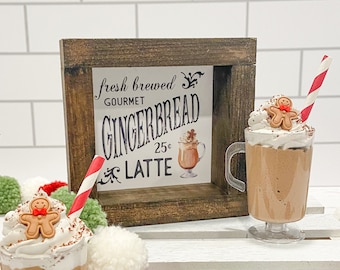 GINGERBREAD LATTE Mini Wood Framed Sign | Christmas Tiered Tray Decor | Holiday Home Decor | Gingerbread Spice | Holiday Bar Station