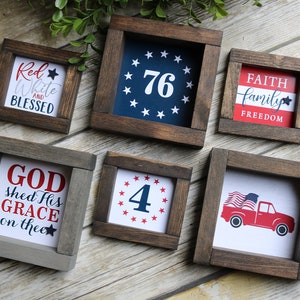 PATRIOTIC Mini WOOD SIGNS and Decor | Red White Blue Tiered Tray Decor |  American Flag Truck  |  4th of July Memorial Day | Military Signs