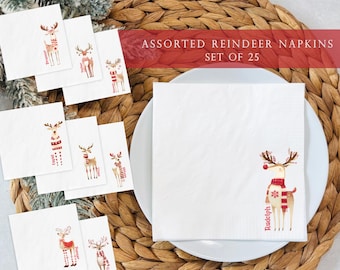 Christmas Reindeer Napkins | White Napkin includes 12 Reindeer- one per napkin | Drink size or Guest napkin size