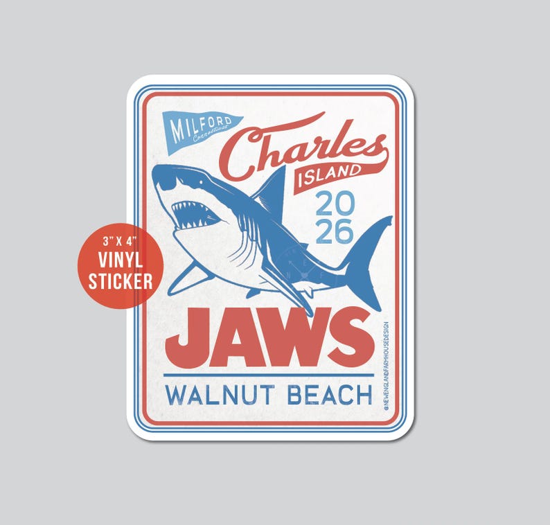 JAWS at Walnut Beach Vintage Merch | Adult & Youth T-Shirts | Vinyl Beach Sticker | Milford, Connecticut Souvenirs + Gifts Vinyl Sticker