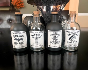 Halloween APOTHECARY Bottle Decor | WEREWOLF Saliva | Dragon's Breath Potion | Doll Tears | VAMPIRE Blood | Vintage Halloween Home Decor