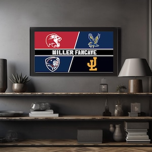 May include: A framed wall art piece with a black border. The artwork is divided into four sections, each with a team logo. The text "MILLER FANCAVE" is displayed in white. The color scheme includes red, blue, and yellow.