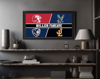Personalized FAN CAVE Sign with 4 Sports Team Logos  | Custom Art Print, framed or Mounted Canvas Options | Sports Lover Family Home Decor