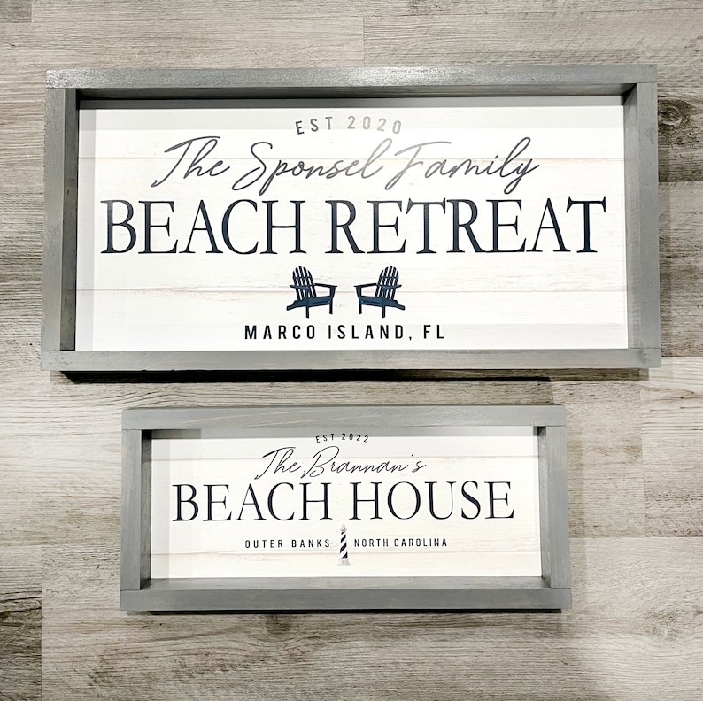 PERSONALIZED Family Name BEACH HOUSE Wood Framed Sign, Mounted Canvas or Print only Option 17X7.5 or 24x12 image 1
