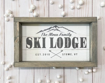 PERSONALIZED Family Name SKI LODGE Wood Framed Sign | Mulitple Sizes | Winter Farmhouse Decor | Ski Lover Decor | Mountain Cabin Decor