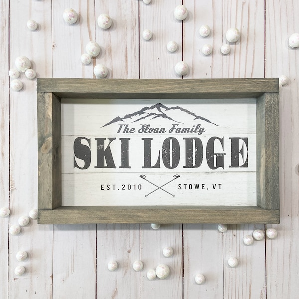 PERSONALIZED Family Name SKI LODGE Wood Framed Sign | Mulitple Sizes | Winter Farmhouse Decor | Ski Lover Decor | Mountain Cabin Decor