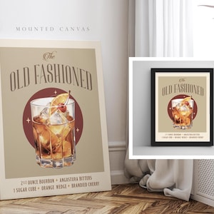 May include: A vintage-style illustration of an Old Fashioned cocktail with a brown background and red circle. The text "The Old Fashioned" is in a brown font. The recipe is listed below the illustration: "2 1/2 ounce bourbon + Angostura bitters + 1 sugar cube + orange wedge + brandied cherry."