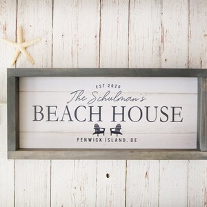 PERSONALIZED Family Name BEACH HOUSE Wood Framed Sign, Mounted Canvas or Print only Option 17X7.5 or 24x12 image 4