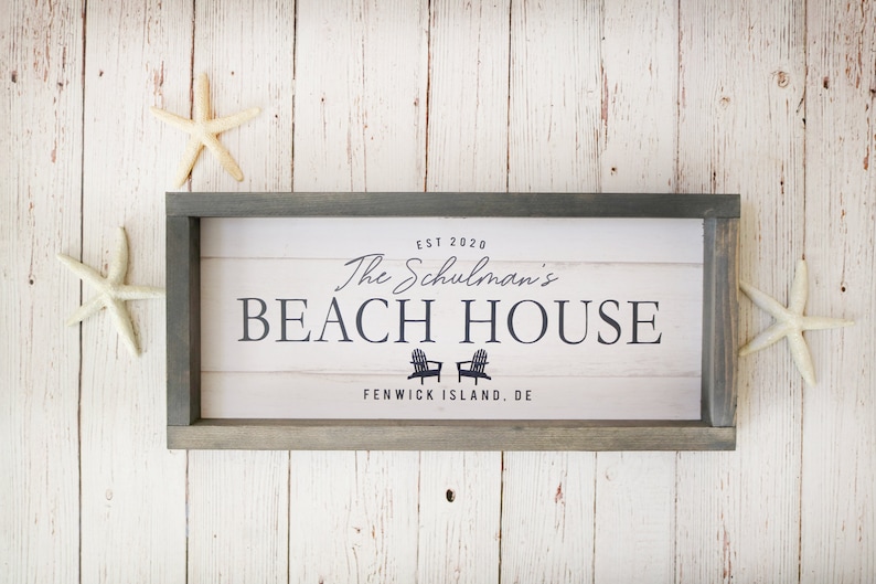 PERSONALIZED Family Name BEACH HOUSE Wood Framed Sign, Mounted Canvas or Print only Option 17X7.5 or 24x12 image 4