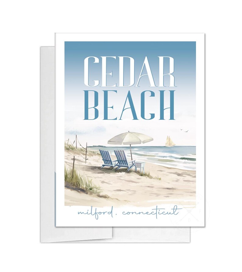 CEDAR BEACH Scene Blue Watercolor Art Milford, Connecticut Beach Home