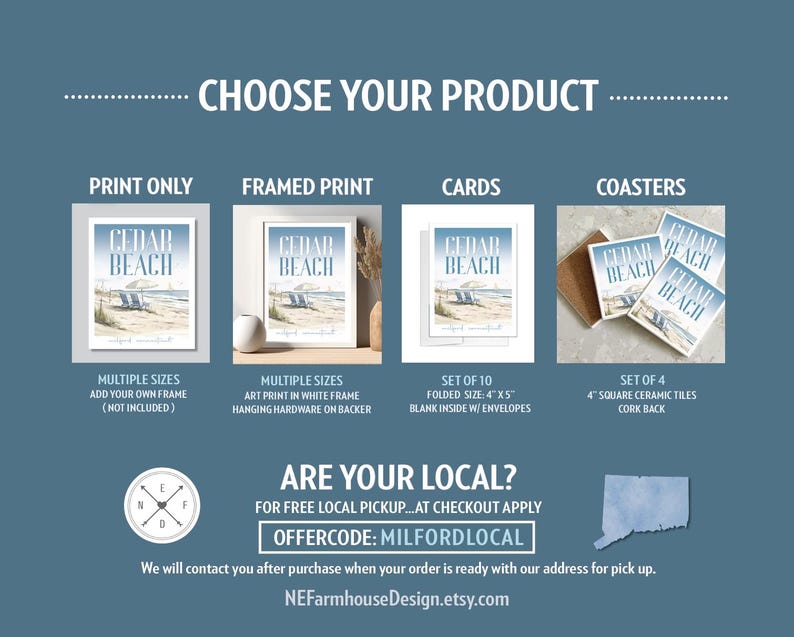 CEDAR BEACH Scene Blue Watercolor Art Milford, Connecticut Beach Home