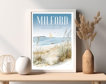 MILFORD Connecticut BEACH Scene Blue Watercolor Art | Milford, CT Home Decor & Gifts | Art Print, Framed Art, Coasters or Cards