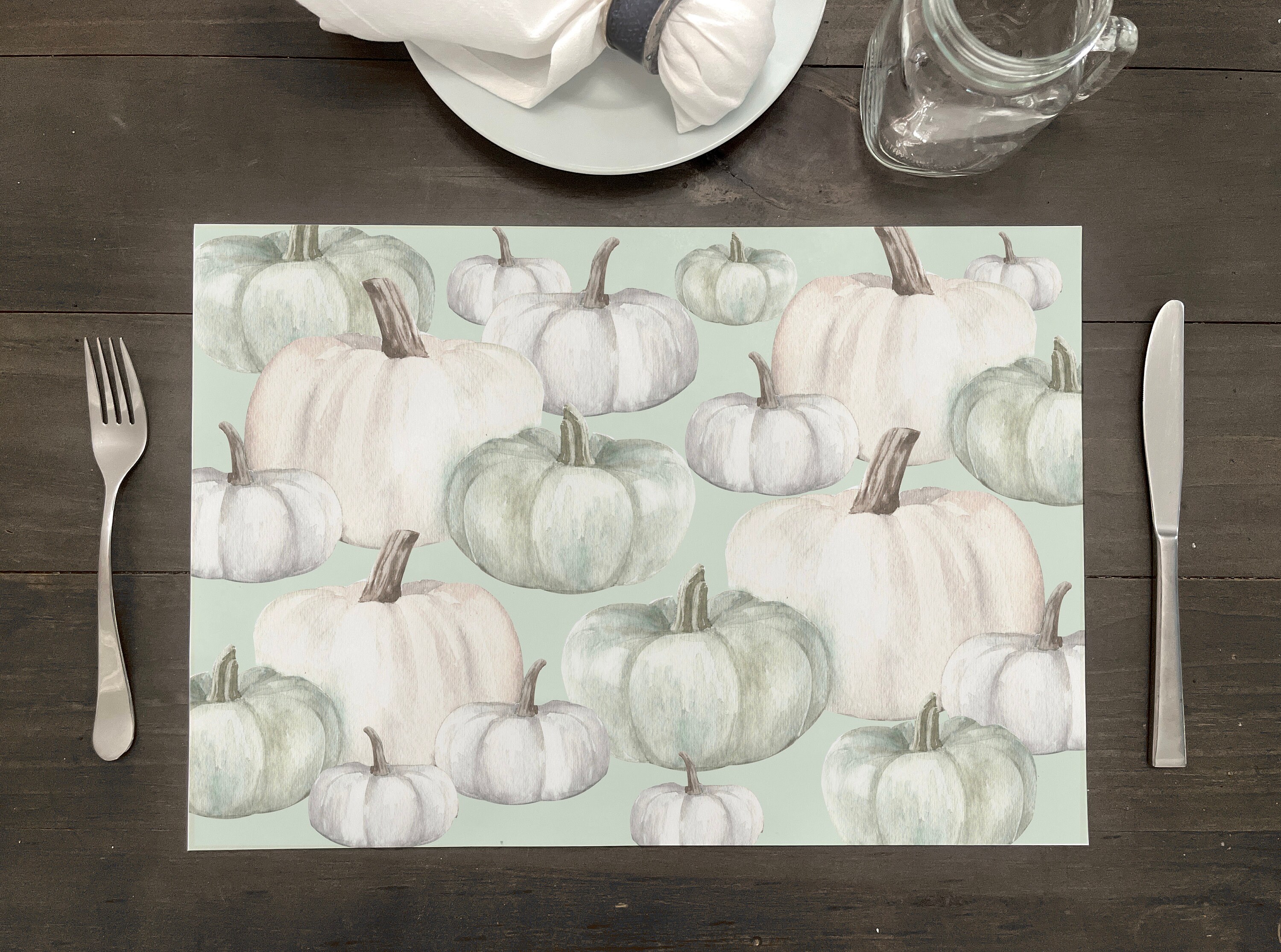 Artisan Paper Placemat Sheets | Multiple Quantities Available | Size: 17.25" x 12" | Green &  White Pumpkins Design | Fall Tablescape Decor