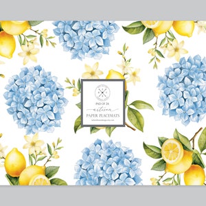 Artisan Paper Placemats | Pad of 24 - Easy to Tear off sheets | Size: 17.25" x 12" | Lemons & Blue Hydrangeas Design | Tablescape Decor