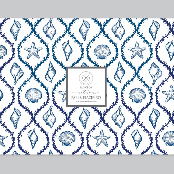 Artisan Paper Placemats | Pad of 24 - Easy to Tear off sheets | Size: 17.25" x 12" | Seashells Pattern Design | Tablescape Decor
