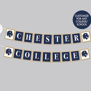 May include: A banner with the words "CHESTER COLLEGE" in white capital letters on navy blue squares with gold borders. Each end of the banner has a square with a lion's head. A circular graphic says "Customize for any College/School".