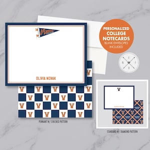 May include: Personalized college notecards with blank envelopes included. The notecards feature a navy blue border with an orange accent. The design includes a pennant with the text "Vernon College" and the name "Olivia Novak". The pattern is a checked design.