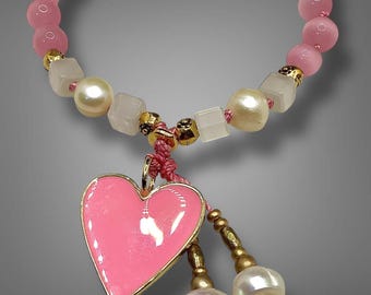 True Love Mala Bracelet, Freshwater Pearls, Selenite, Pink Cat's Eye, Heart Charm