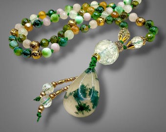 Mala de 108 cuentas de ágata musgosa, collar de oración con piedras preciosas anudado a mano, joyería de cristal para la conexión a tierra y el crecimiento.