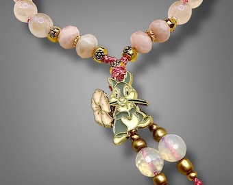 Bunny Charm Mala Bracelet, Rose Quartz, Opalite, Love Healing Crystal Accessory