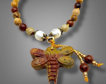 Picture Jasper Mala Bracelet, Freshwater Pearl Dragonfly Charm, 27 Gemstone Beads
