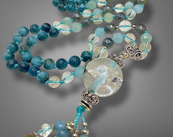 108 Mala Necklace, Apatite, Labradorite, Morganite, Rainbow Quartz- Meditation Beads