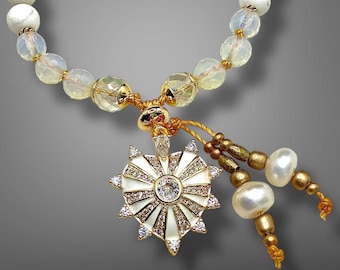 Hand Knotted Gemstone Mala Bracelet, Howlite, Pearl, Opalite, Quartz