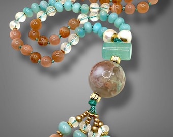 Peach Moonstone Mala Necklace 108 Beads, Amazonite, Flower Agate, FW Pearls, Calming Healing Jewelry, Hand Knotted Meditation Mala