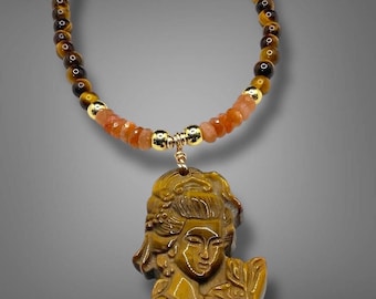 Collar de ojo de tigre Quan Yin, joyería de la diosa, compasión, fuerza.