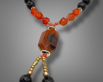 Carnelian Lava Gemstone Mala Bracelet, Hand Knotted Energy Boost, Confidence Healing Crystal