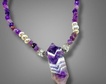 Chevron Amethyst Necklace, Hand Knotted, Double Terminated Pendant, Pearls, Clarity, Calm