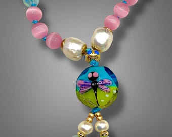 Dragonfly Mala Bracelet, Pearls, Cats Eye, Quartz, Hand Knotted Yoga Jewelry