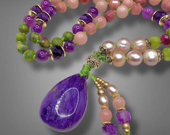 Charoite Mala Necklace,  108 Beads Hand Knotted Prayer Beads, Protection Healing Crystal Jewelry