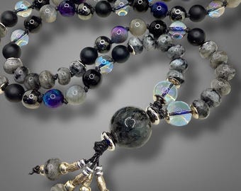 Labradorite Mala Necklace- Blue Tiger Eye Mala, Protection & Intuirion- Hand Knotted