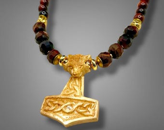 Mjolnir (Thors Hammer) Viking Jewelry, Carved Bone Pendant, Red Tiger Eye, Norse Protection Amulet
