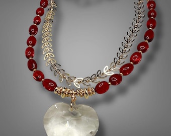 Clear Quartz Heart Necklace- Garnet Gemstone- Love & Abundance Jewelry