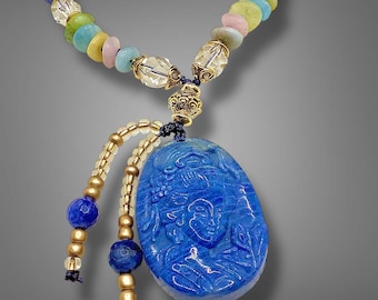 Quan Yin Goddess Gemstone Necklace, Hand Knotted, Compassion, Healing Crystal Jewelry, Spiritual Gift