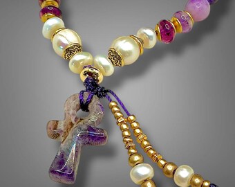 Amethyst Ankh Mala Bracelet – Freshwater Pearls, Lepidolite, Hand Knotted Gemstone Protection Jewelry
