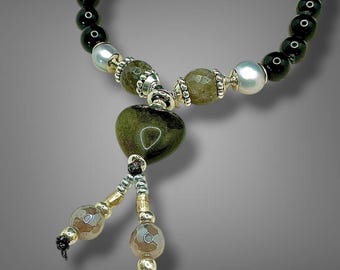 Obsidian Labradorite Pearl Mala Bracelet – Hand Knotted Grounding Jewelry