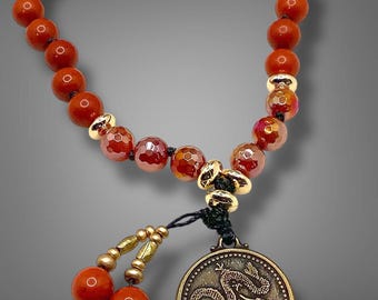 Roter Jaspis Mini Mala Armband - Drachen Anhänger, Intention Beads