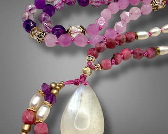 Rainbow Moonstone Mala Necklace- 108 Hand Knotted Beads- Intuition & Healing