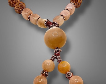 Peach Moonstone Rudraksha Mala Bracelet, Hand Knotted Crystal Healing Jewelry