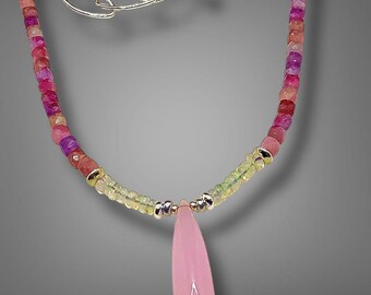Opal Pink Chalcedony Tourmaline Necklace, Boho Healing Crystal Jewelry, Adjustable 16-18"
