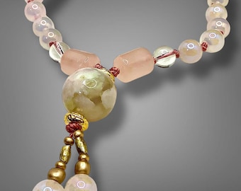 Flower Agate Rose Quartz Mala Bracelet – Hand Knotted Meditation Wrist Mala