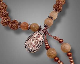 Peach Moonstone Rudraksha Bracelet – Hand Knotted Mala for Peace, Protection