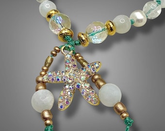 Moonstone Pearl Starfish Mala Bracelet, Ocean Inspired Hand Knotted Wrist Mala, Calming, Gentle Healing