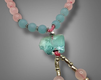 Rose Quartz Aquamarine Mala Bracelet – Unconditional Love, Heart Healing, Calming Beads